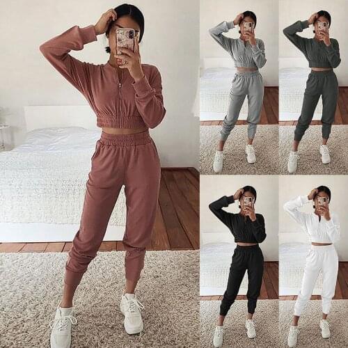 Women 2 Pcs Casual Clothes Sets Long Sleeve Sports Crop Top + Long Legging Pant Tracksuits Female Autumn Suit 2021 Plus Size