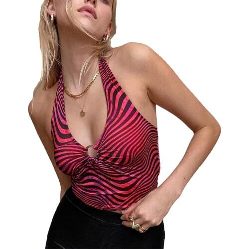 2021 New Summer Women Halter Crop Fashion Top, Adults Summer Sleeveless Slim Fit Striped Tank Top with Hardware Hoop
