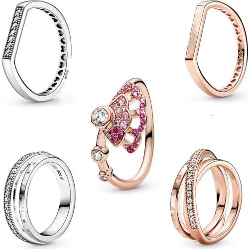 925 Sterling Silver pan Ring Rose Pink Fan With Crystal Ring For Women Wedding Party Gift Jewelry