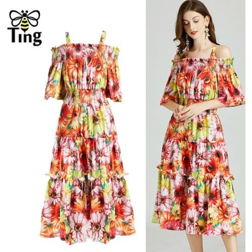 Tingfly Vintage Elegant Flower Print Summer Slash Neckline Boho Fasshion Midi Long Dress Lady Party Dinner Dresses Traf Robes Za