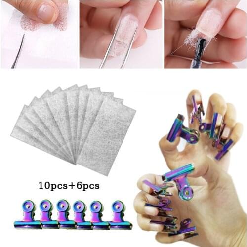 10pcs Silk Fiberglass For Nail Extension Form Non-Woven Silks With 6pcs Clips For Building Fiberglass Nails French Manicure Tool
