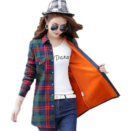 2020 Velvet Long Blouses Thick Warm Womens Plaid Shirt Female Long Sleeve Tops M-4XL Size Winter Check Blouse Blusas Femininas