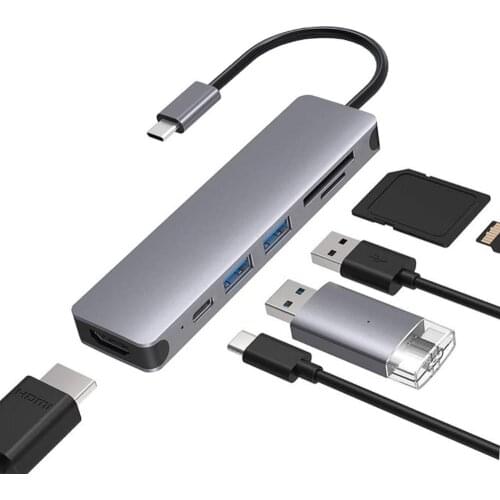 6 in 1 USB 4K HDMI-compatible Multiport Card Reader Hub for MacBook Laptop Type C Devices