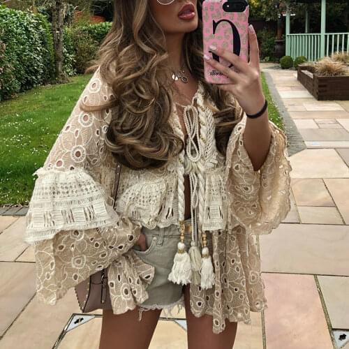 Katara SummerO Neck Loose Blouses Women Fashion Hollow Out Ruffle Tie Belt Shirts Women Elegant Flare Sleeve Tops Female Ladies