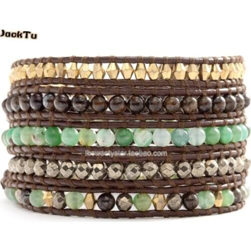 JTJACKTU CHRYSOPRASE BEADED MIX WRAP BRACELET ON BROWN LEATHER