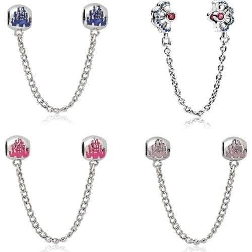 Fit Original Pandora Charms Bracelet Women Blue Pink Enamel Cartoon Castle Safety Chain Beads for Jewelry Making DIY Accessories