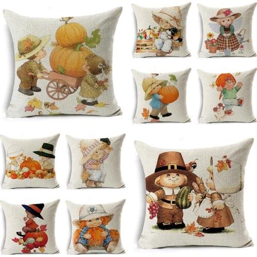 Thanksgiving cartoon characters Pillow Case Linen Decor Plant Cushion Cover for Car Sofa Pillowcase 45cm*45cm