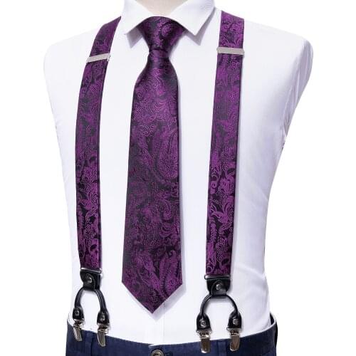 Purple Floral Adjustable Silk Suspenders Set Neck Tie For Men Party Wedding Y-Shape 6 Clip Suspenders For Men Shirt Barry.Wang