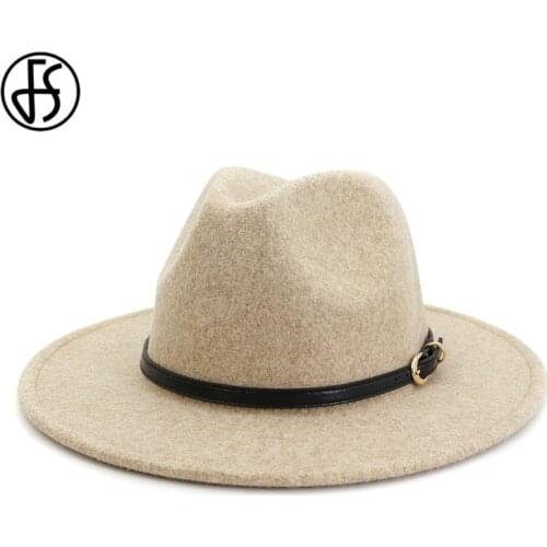 FS Beige White Wool Jazz Hat Men Women Wide Brim Felt Fedora Caps Wine Red Khaki Panama Hats with Belt Trilby Cap