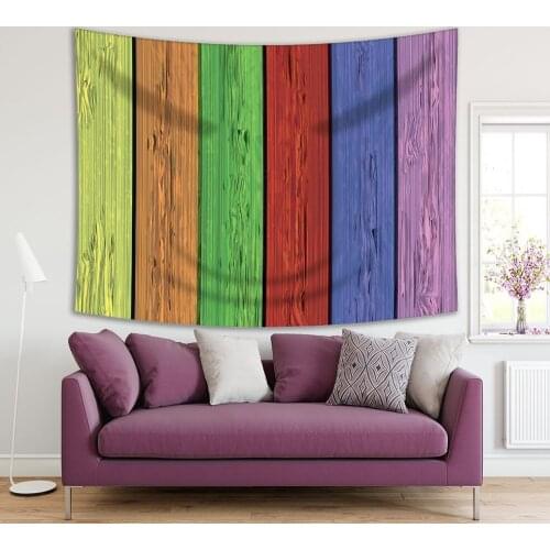 Tapestry Colorful Wood Wall with Vertical Panels Vintage Decorating Print Yellow Brown Green Red Blue Pink