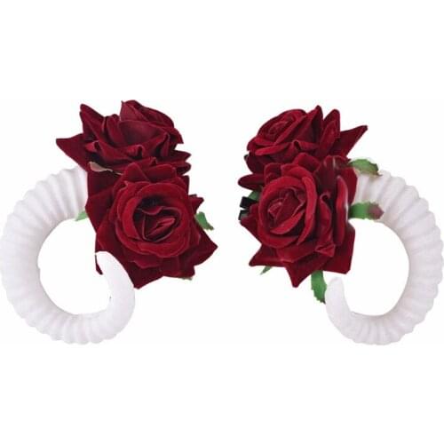 Gothic Hairpin Sheep Horns Black White Flower Rose Headband Halloween Christmas Cosplay Costume Party Hair Headdress Props