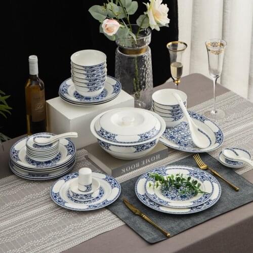LingAo Jingdezhen ceramic Blue and white mountain water bowl, plate set customized wholesale