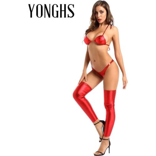 Women Lingerie Set Nightwear Shiny Metallic Patent Leather Erotic Sexy Costume Suit Bikini Bra Briefs Underwear with Leg Sleeve