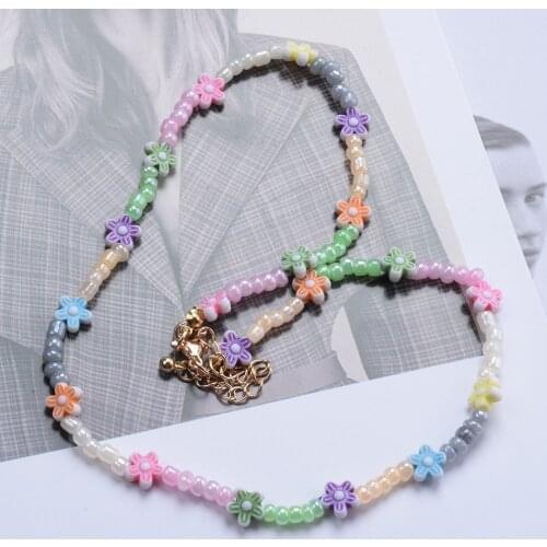 Korean Rainbow Beads Little Daisy Flower Necklace New Sweet Candy Color Choker for Women Girls Summer Party Handmade Jewelry