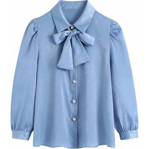 MESTTRAF Women 2021 Fashion With Bow Tied Cozy Blouses Vintage Three Quarter Sleeve Rhinestone Buttons Female Shirts