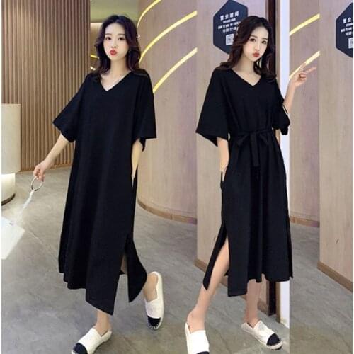 2020 New Summer Women Straight Solid Elegant Sashes Dresses Female Preppy Style Plus Size 150kg Wear Slit Dresses Vestidos T80