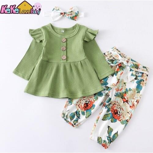 Autumn Newborn Baby Girls Clothing Set Cotton Long Sleeve Ruffles Tops Floral Pants Headband 3Pcs Toddler Outfits Infant Clothes