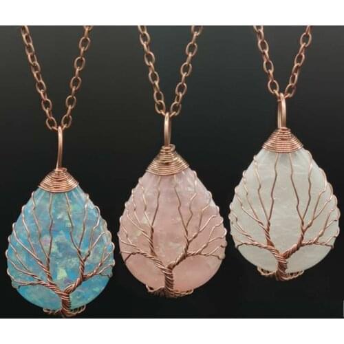 Blue Crystal Water Drop Pendant Necklaces for Women Antique Wire Wrapped Tree of Life Abalone Shell Resin Necklace Men Jewelry