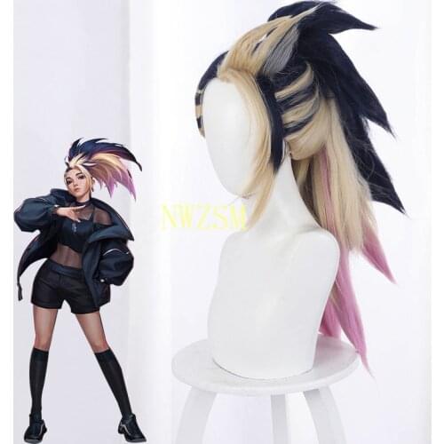 Game LOL KDA The Baddest Akali Role Play Mixed Color Ponytail Long Heat Resistant Synthetic Hair Halloween Party Cosplay Wig