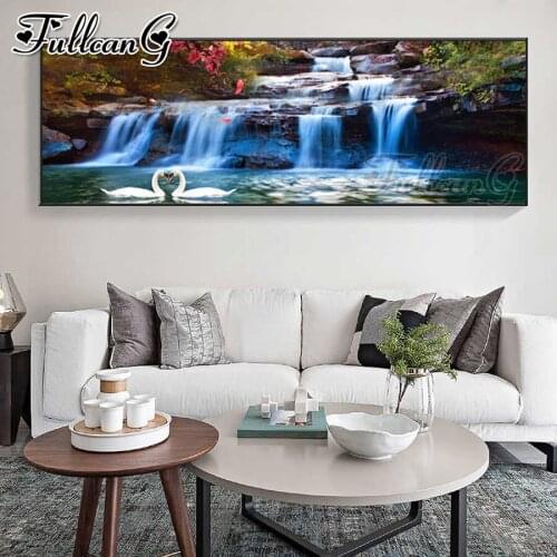 FULLCANG Scenic waterfall swan 5d diy full square round drill diamond embroidery large mosaic painting Home decoration FC3406