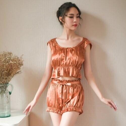 Yhotmeng new summer round neck sexy retro pleated pajamas luxury sweet simple ice silk fabric bloomers pajamas set