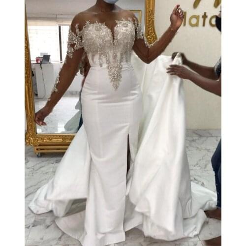 Mermaid Split Wedding Dresses Plus Size Long Sleeve Crystal Lace Appliques Bridal Gowns For Black Girls Satin vestidos de novia