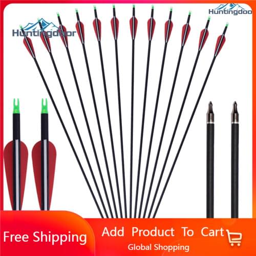 12PCS Huntingdoor Mixed Carbon Arrows Hunting Archery Bow 31.5inch Spine 500 Red Feathers Replaceable Head for Hunting Shooting