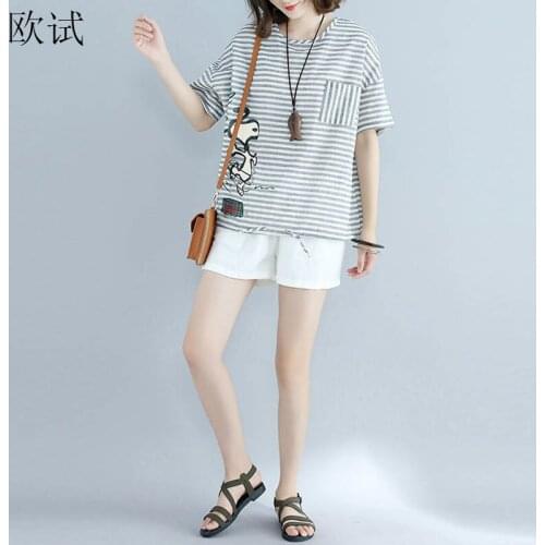 Women Cotton Linen Cartoon Anime Print T Shirt Fashion Kawaii Plus Size Striped Tshirts Loose Tee Tops Female 2019 Summer New