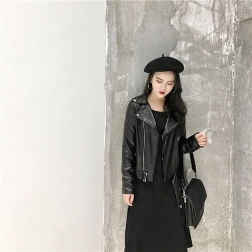 2020 Spring Autumn Women Motorcycle Jacket Female Turndown Collar Long Sleeve Pu Leather Jacket Ladys Black Jacket