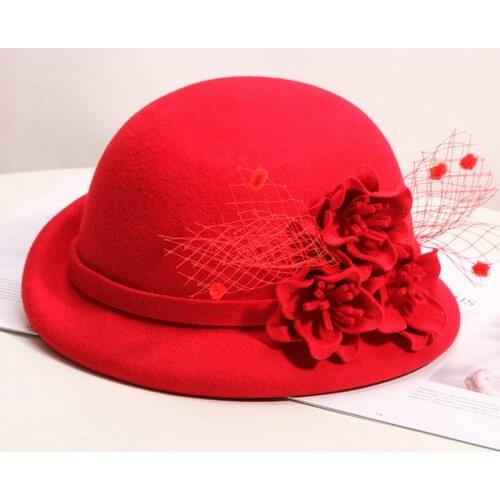 H788 Women Wool Felt Fedora Hat Korean Fashion Autumn Winter Warm Fedoras Cap Elegant Flower Mesh Yarn British Retro Basin Hats