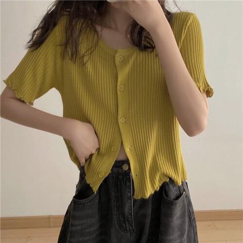 Short knitted cardigan womens summer new Korean leaky collarbone round collar ear edge ice silk short sleeve T-shirt fashion