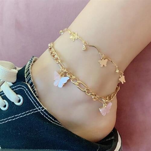 Lady Cute Butterfly Anklet Bracelet Fashion Anklets for Women Layered Butterfly Foot Chain Beach Leg Bracelets Boho Jewelry Gift