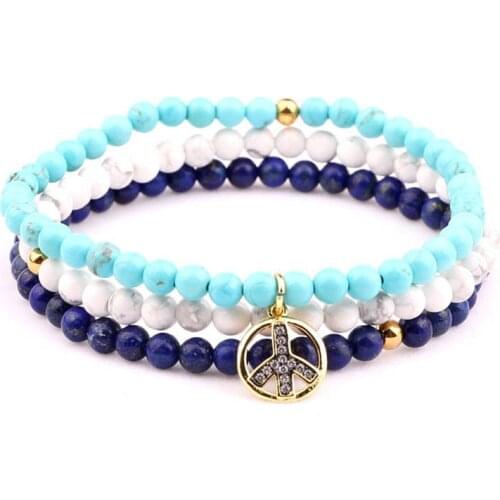 3pcs/set Natural Stone Beads Cute design CZ Peace Cross Charm Elastic Bracelet Women Men Jewelry