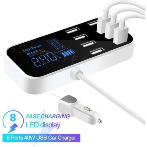 8 Ports USB Car Charger QC3.0 Fast Charging Phone Charger 40W 2.4A Multi USB Socket with LED Display for iPhone Android Samsung