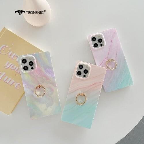 Marble Gradient Square Ring Phone Case for iPhone 12 11 Pro Max XR Xs Max Soft Luxury Buckle Blue Case for iPhone 7 8 Plus Cover