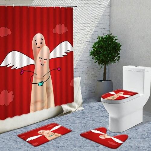 Valentine Finger Couple Shower Curtains Sets Hand Drawn Cute Funny Bathroom Curtain Hook Bath Mats Rugs Carpet Toilet Cover Mat