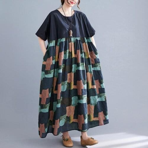 Long Summer Dress 2021 New Arrival Patchwork Print Floral Fashion Women Dress Plus Size Cotton Travel Casual Beach Style Dress
