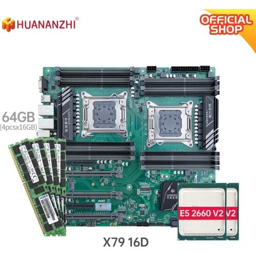 HUANANZHI X79 16D dual X79 motherboard with Intel XEON E5 2660 V2*2 with 4*16GB DDR3 RECC memory combo kit set NVME SATA USB 3.0