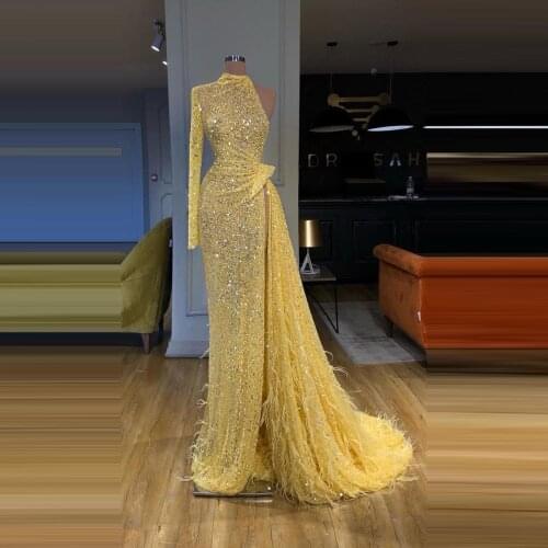 Elegant Long Yellow Prom Dresses Sequins One Shoulder Long Sleeve High Slit Formal Women Party Gowns mezuniyet elbiseleri
