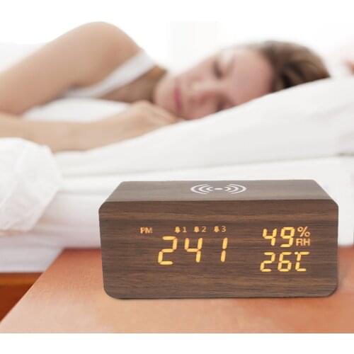 Alarm Clock LED Wooden Watch Table Voice Control Digital Wood Despertador USB/Wireless Powered Electronic Desktop Clocks