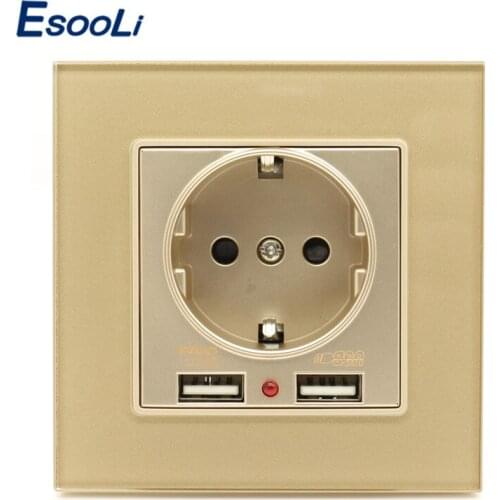 Esooli Dual USB Charging Port 2.1A Wall Charger Adapter EU Socket Power Outlet PC Panel Gold New Luxury Glass Panel