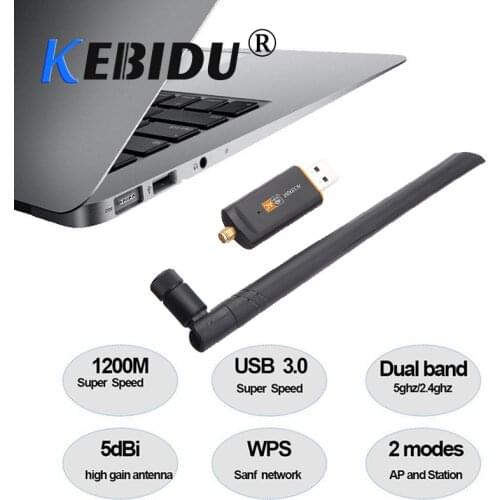 KEBIDU 1200Mbps USB 3.0 Wireless Wifi Adapter RTL8812 Network Card 2.4Ghz / 5.0Ghz Dual Band with AC Antenna For Laptop Desktop