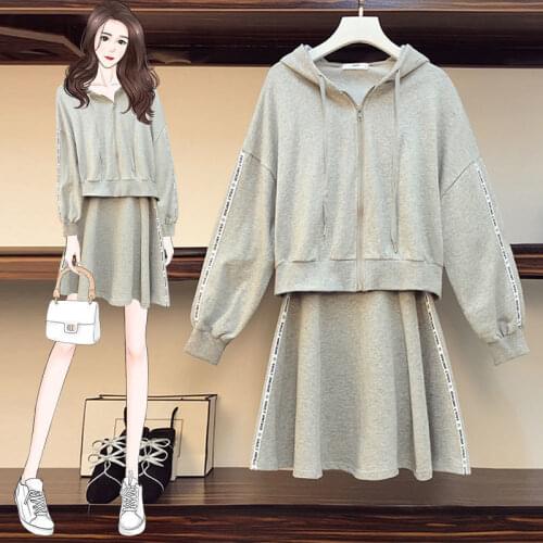 Fashion Women Long Sleeve Zipper Hoodies Top+Mini Short Dress Suit A Line Letter Cardigans Dresses 2020 New Casual 2 Pieces Sets