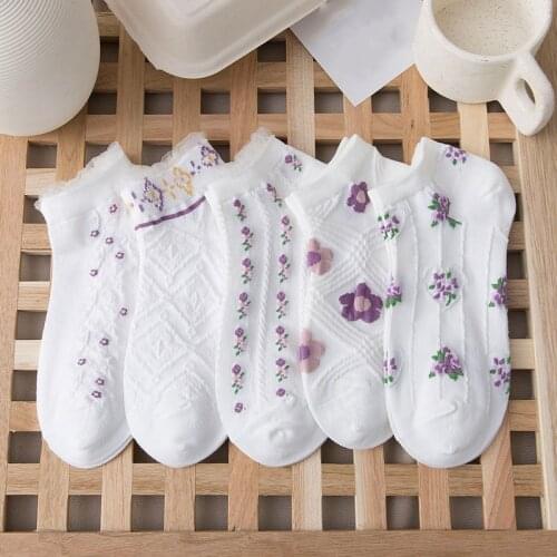 Female Kawaii Lacesocks Sweet Summer Short Sock Cotton Socks Purple Flower Women Casual Soft Boat Socks Harajuku Style
