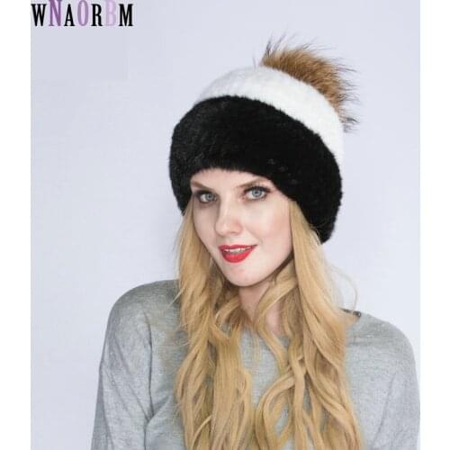 WNAORBM 100% mink New winter warm mink hat Fashion lady Woven water mink hat windproof ear protector hat with Fox hat Ball