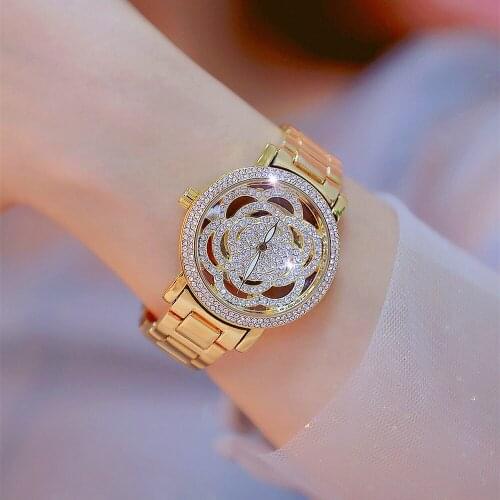New Hot Sale Women Diamond Rose Flower Gold Dress Watch Gold Silver Stainless Steel Rhineston Wristwatch Female Crystal Watch
