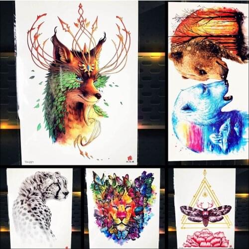 Orange Wolfd Temporary Tattoo Girl Back Prom Water Transfer Tattoo Stickers Men Legs Elk Tatto Disposable Body Arm Art Bear
