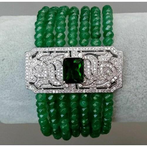 8'' 7 Rows Green Rondelle Jade CZ Pave Connector Bracelet