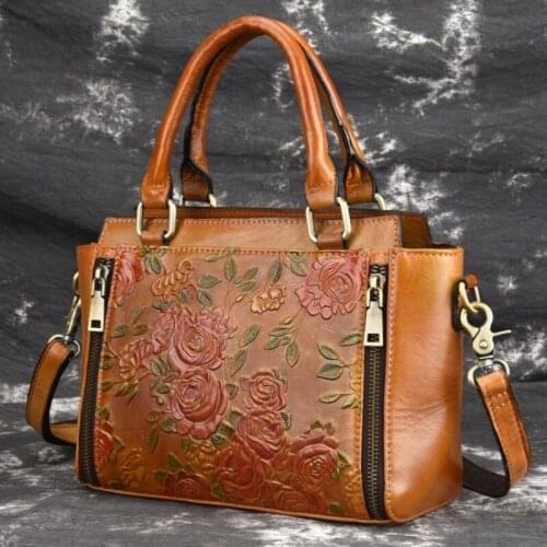 High Quality Real Leather Tote Purse Cross Body Handbag Women Messenger Shoulder Bags Genuine Leather Vintage Fashion Flower Bag