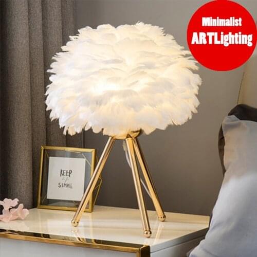 Goose Feather Led Table Lamps Modern Bedside Lamp for Living Room Bedroom Wedding Christmas Decoration Romantic Feather Lamp E27